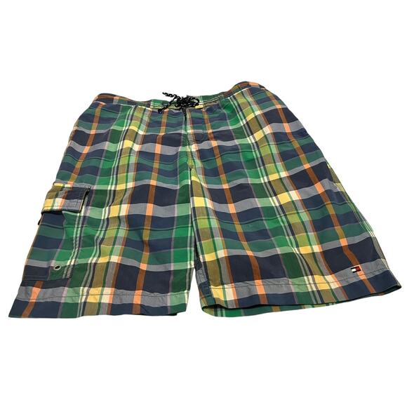 TOMMY HILLFIGER SWIM TRUNKS, DRAWCORD, POCKETS, MENS-M-GREEN YELLOW BLUE ORANGE - Picture 1 of 12